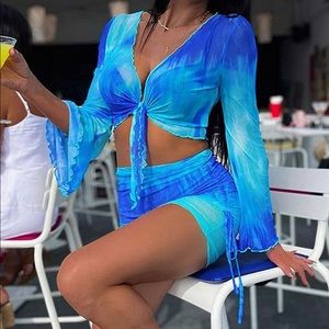 Sexy 2 piece y2k blue mesh outfit